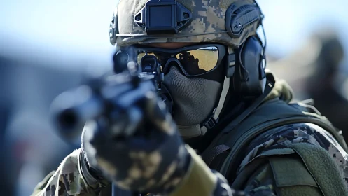 Focused tactical soldier steadies aim in protective combat gear