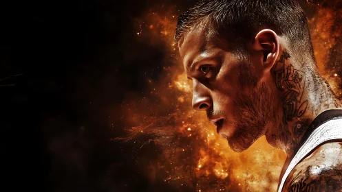 Tattooed athlete profile against fiery abstract backdrop.
