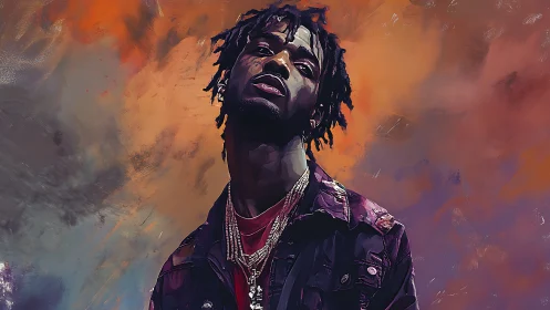 Digital portrait of man with chains against abstract sky background.