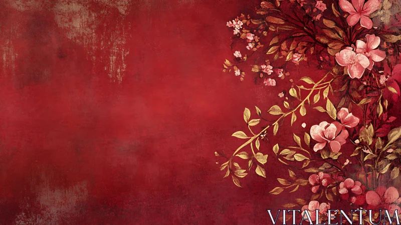 Floral composition on deep red background with gold accents