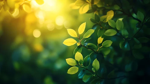 Sunlit green leaves in nature, dreamy bokeh background photography.