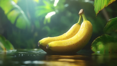 Photorealistic tropical bananas on reflective jungle water surface.
