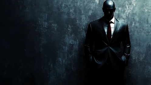 Shadowed figure in sleek suit against moody urban wall.