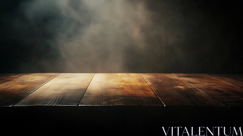 Low-key illuminated timber tabletop within volumetric haze.
