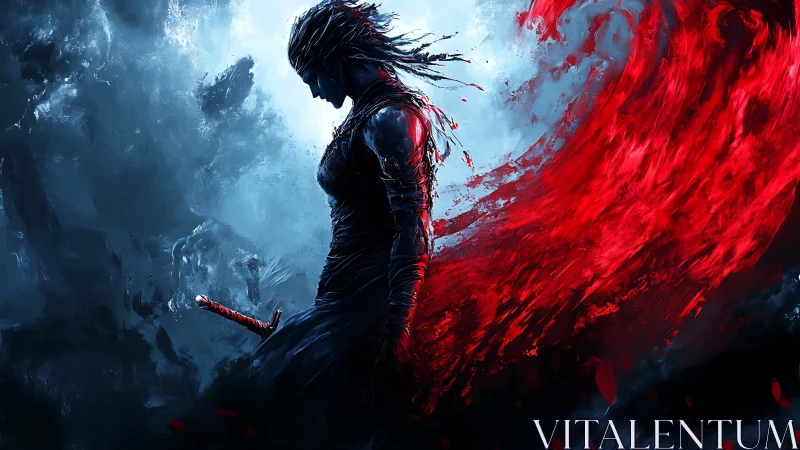 Hemocinetic warrior silhouette in turbulent chromatic vortex.