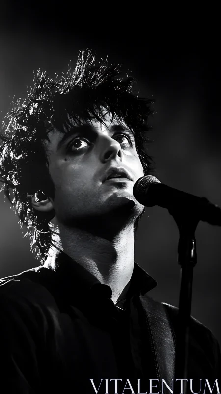 Intense black and white portrait of singer onstage.