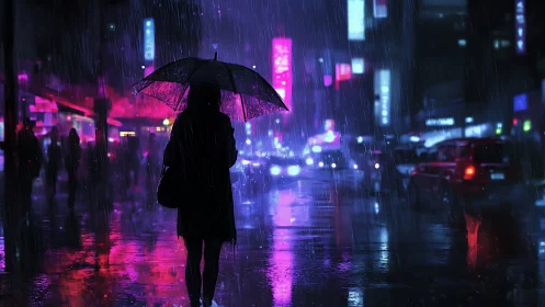 Silhouette under neon umbrella in rain-soaked night city.