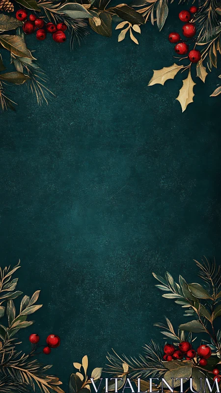 Dark teal Christmas border frames red berries and foliage