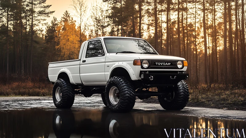Lifted white pickup truck on forest trail at sunset.