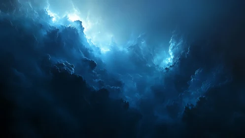 Dense illuminated cloud formations occupy a dark sky field