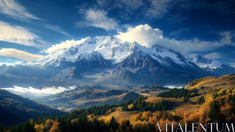 Snow-covered mountain range dominates sunlit autumn valley