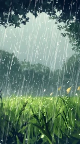 Summer storm brushes emerald field with silver rain veils.