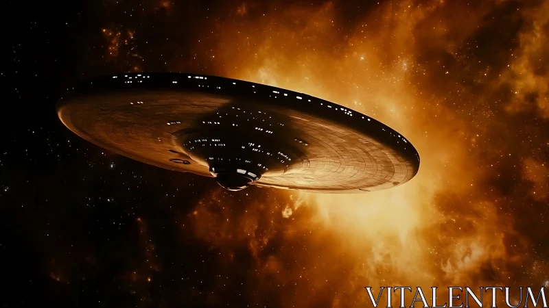 Massive saucer starship glides before blazing nebula light.