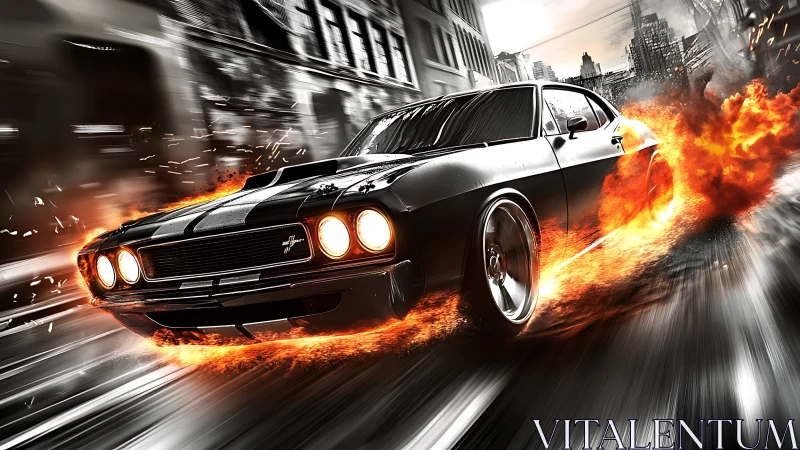Black muscle car drifting through city streets on flaming tires