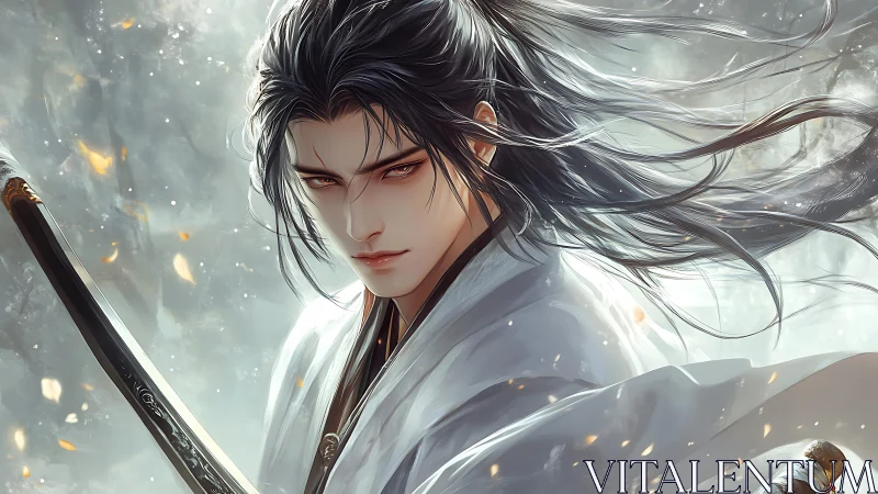 Stoic anime swordsman rendered in luminous digital detail