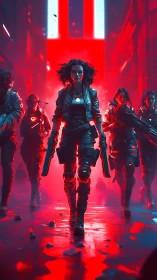 Fearless cyberpunk squad walking through neon city glow.