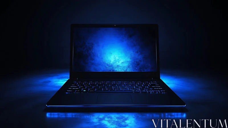 Sleek laptop glows with electric blue cyber lighting