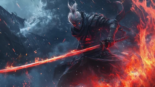 Armored swordsman with flaming katana in burning landscape.