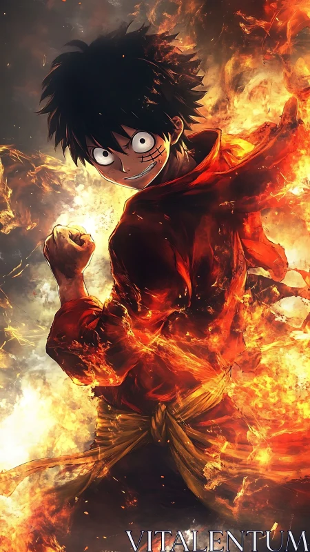 Fiery anime fighter stands defiantly amid swirling flames.
