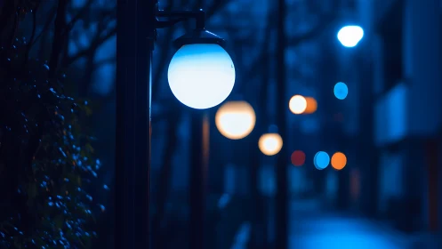 Blue dusk streetlights glow along blurred urban path.
