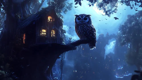 Gentle owl watching over a glowing forest treehouse at night.