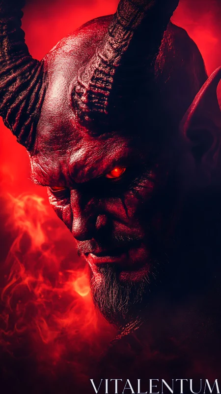 Demonic horned figure glares through swirling crimson smoke