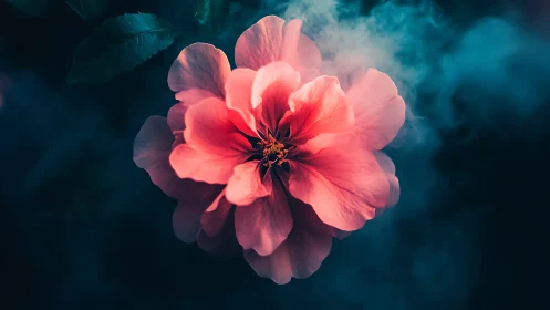 Coral pink peony flower against deep teal atmospheric background