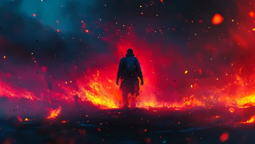Silhouetted Soldier Standing Amid Inferno Flames