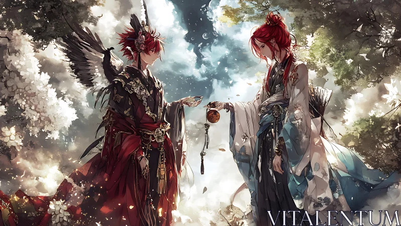 Dual robed figures exchange talisman amid floral-lit canopy