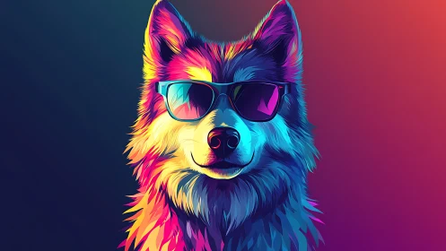 Canine portrait in neon gradient colors with sunglasses.