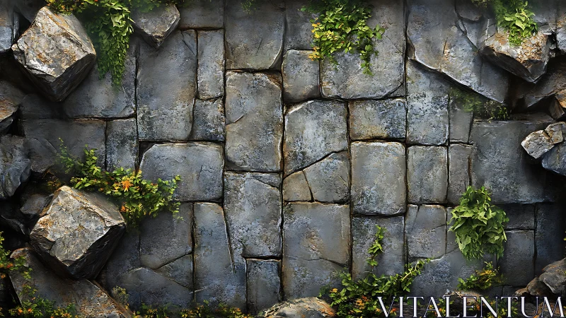 Weathered stone wall with creeping green foliage accents.