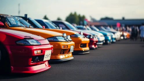Vibrant row of modified sports cars at outdoor meet.