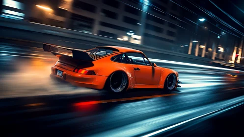 Orange street racer gliding through a neon soaked night drive.