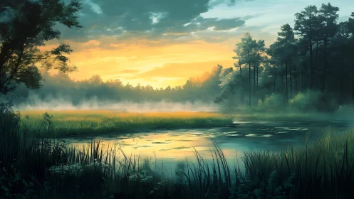 Sunrise mist over tranquil forest river landscape.