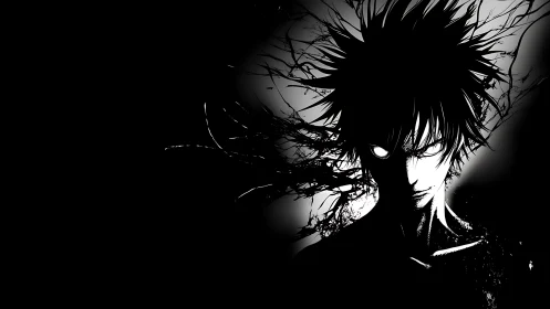High-contrast monochrome anime figure with fractured shadow aura