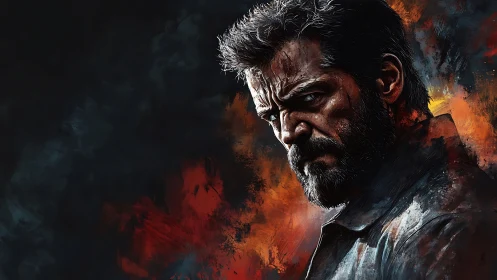 Brooding warrior framed by fiery, painterly shadows of dusk.