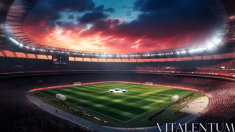 Floodlit football arena under vivid sunset sky, packed stands