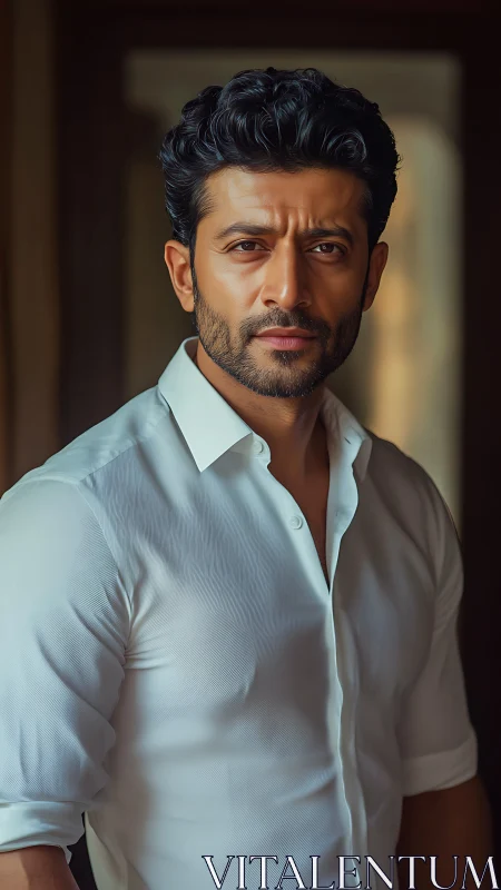 Intense portrait of man in white shirt under warm light.