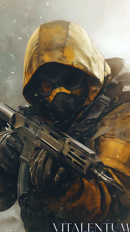 Hooded rifle operative in storm-lit tactical close-up portrait.