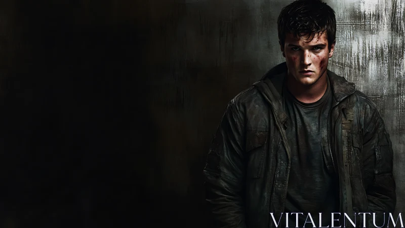 Battle-worn young man stands against dark industrial wall