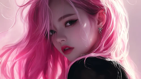Soft neon gaze with flowing pink hair and quiet attitude.