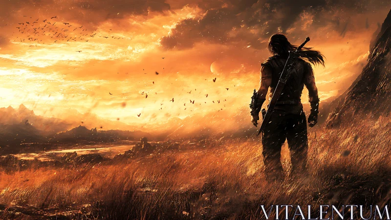 Lone warrior facing fiery sunset over rugged valley.