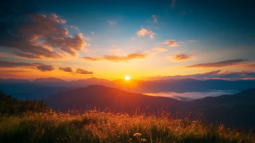 Sunrise stitches molten light across layered mountain veils