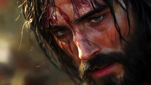 Wounded warrior’s gaze holding quiet strength and resolve.