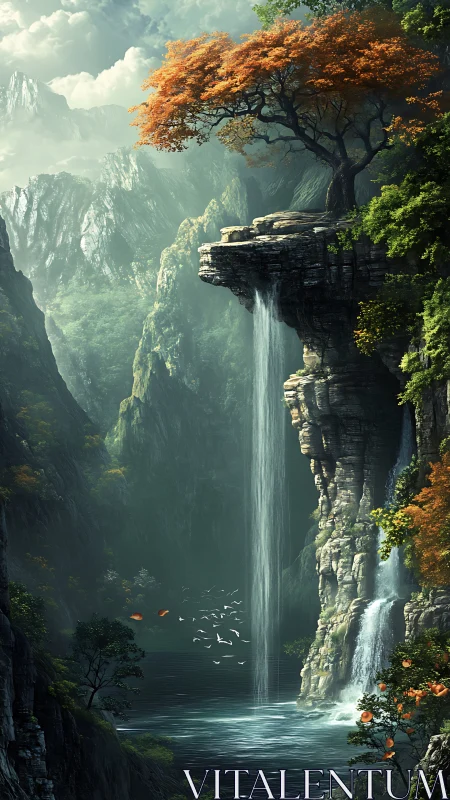 Solitary autumn tree crowns a misty cliffside waterfall
