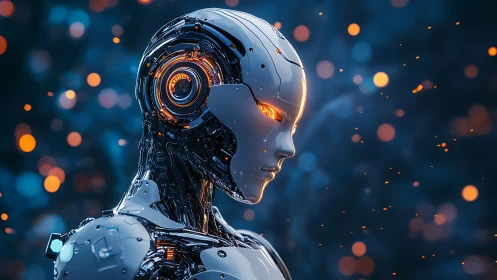 Cinematic chrome android profile with glowing amber optics.