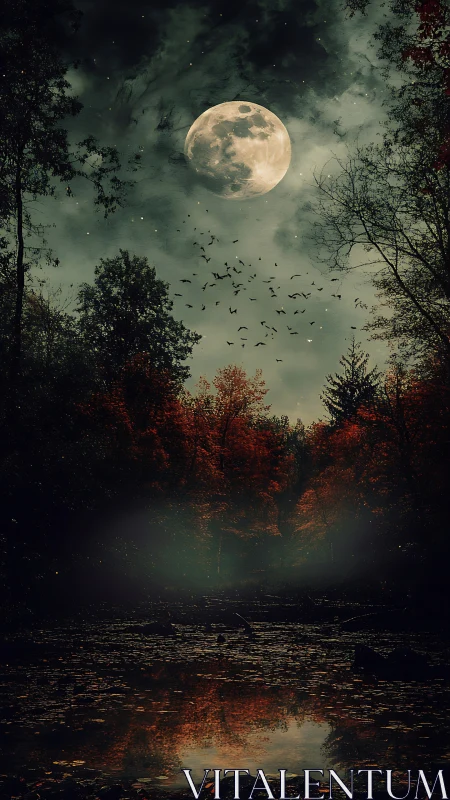 Lunar-illuminated autumn wetland with silhouetted avian swarm.