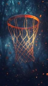 Glowing basketball hoop suspended over dark forest court.