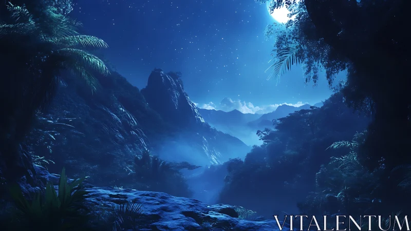 Moonlit jungle valley wrapped in dreamy midnight blue.