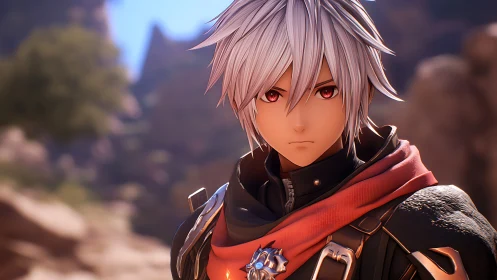 Silver-haired wanderer with ember eyes in rocky sunlight.